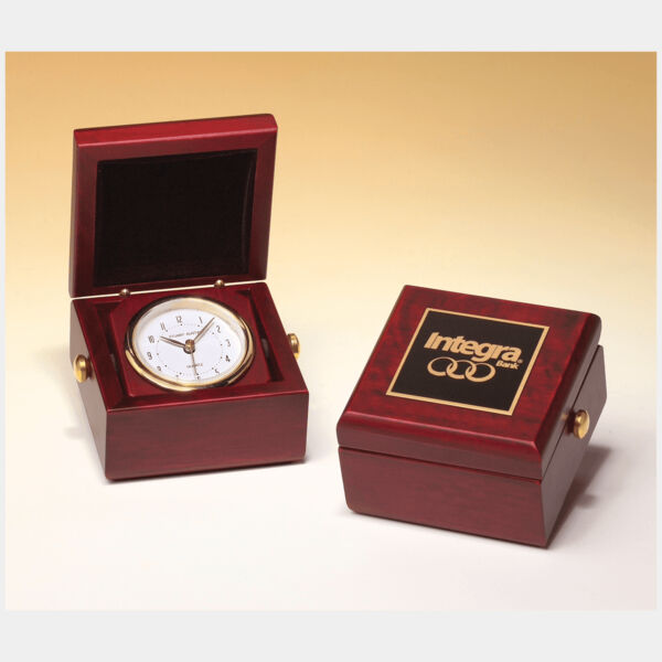 3 1/2" x 3 1/2" Hand Rubbed Finish Box Clock, Metal Goldtone Knobs and Velour Lined Lid with Plate Thumbnail