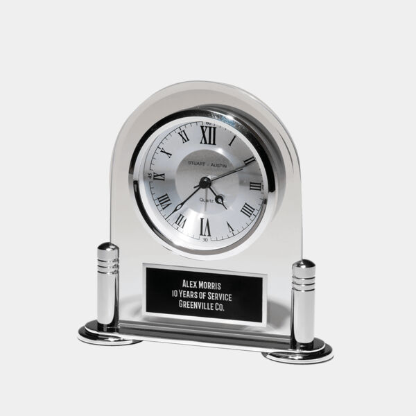 6 1/8" x 6" Desk Clock with Beveled Glass Upright, Metal Base, 3 Hand Movement Plate Thumbnail