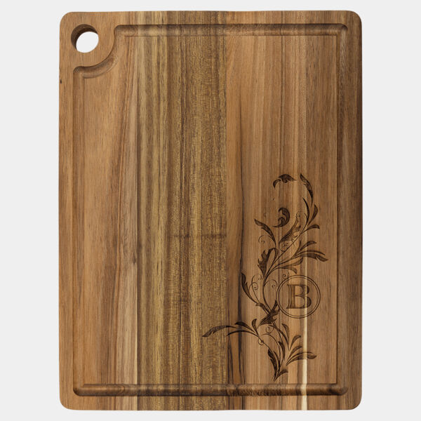 11 1/2" x 8 3/4" Acacia Cutting Board with Drip Ring and Corner Hole Thumbnail