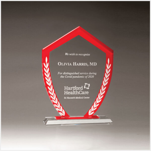 6 5/8" x 8 7/8" Shield Shaped Glass Award with Border and Laurel Leaves Thumbnail