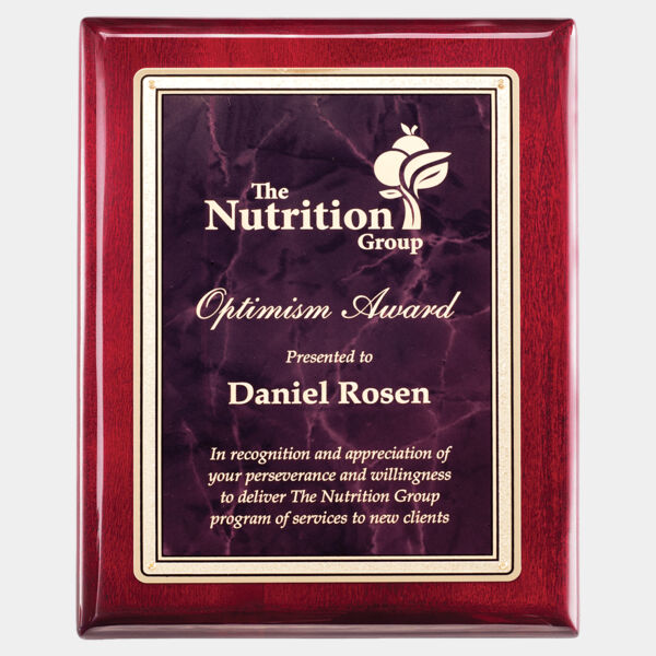 10 1/2" x 13" Piano Finish Plaque with Ruby Marble/ Florentine Design LaserFX Plate Thumbnail