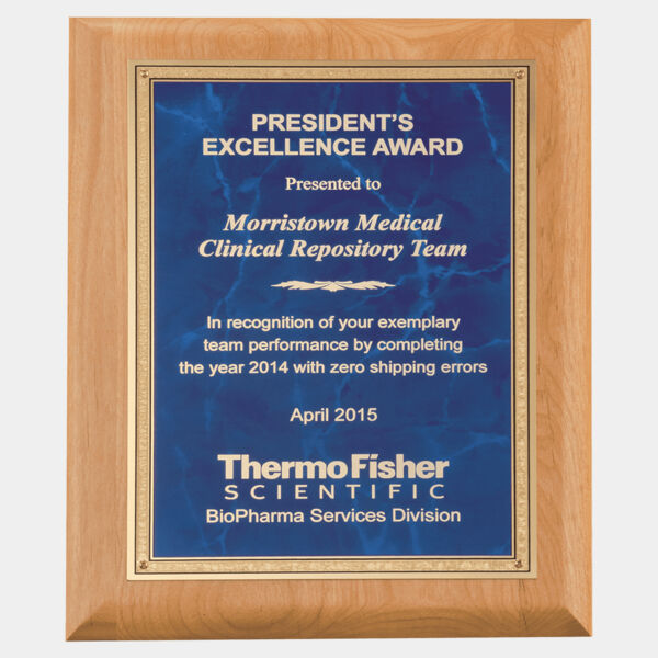 7" x 9" Natural Wood Plaque with Sapphire Marble Florentine Bordered LaserFX Plate Thumbnail