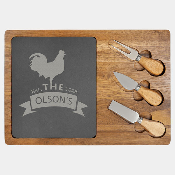 13 3/4" x 9 3/4" Acacia Wood/Slate Rectangle Cheese Set with Three Tools Thumbnail