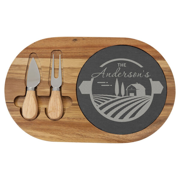 12 1/2" x 7 3/4" Acacia Wood/Slate Oval Cheese Set with Two Tools Thumbnail