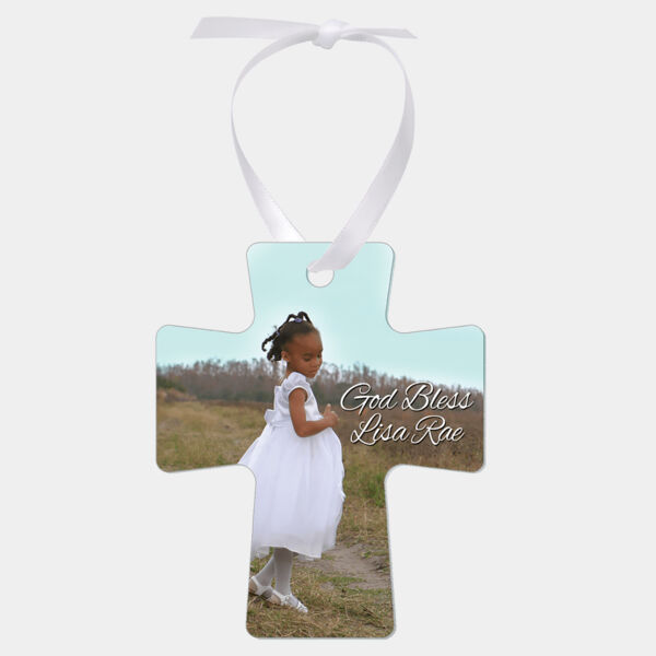 3" x 3.5" Gloss Unisub Aluminum Cross Ornament, 2-Side w/ Ribbon Thumbnail