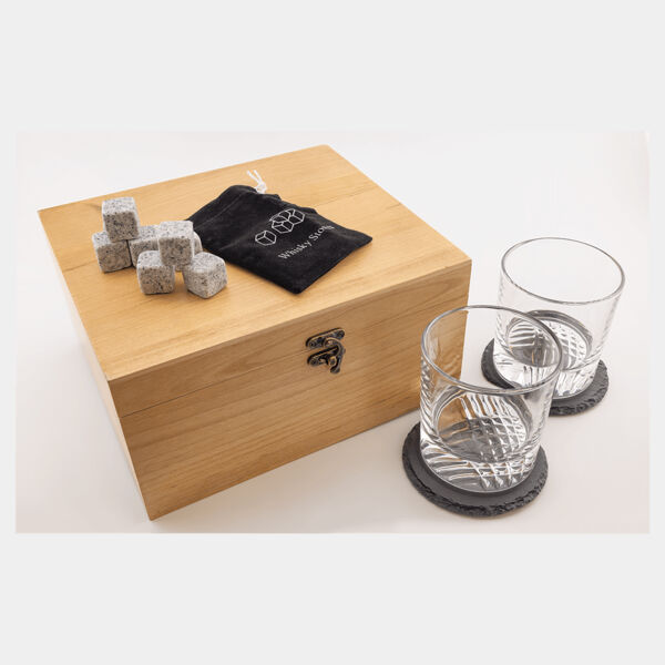Whiskey Set with Two 9 oz. Glasses, Two 4" Slate Coasters, and Eight Granite Whiskey Stones with Velvet Bag Thumbnail