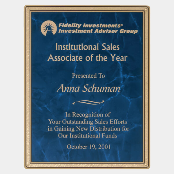 8 3/8" x 10 7/8" Sapphire Marble Brass Plated Steel Plate with Round Corners, Florentine Border and Four Holes Thumbnail