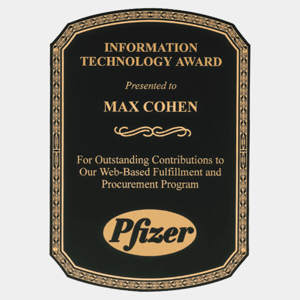 7 1/8" x 10 1/8" Laserable Brass Plate with Notched Corners, Rounded Top and Bottom, Leaf Design Border and Four Holes Thumbnail