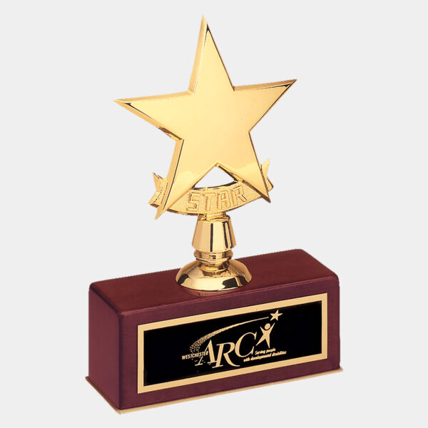 5" x 7 1/2" Polished Metal Goldtone Star Casting on Piano Finish Base with Laserable Brass Plate Thumbnail