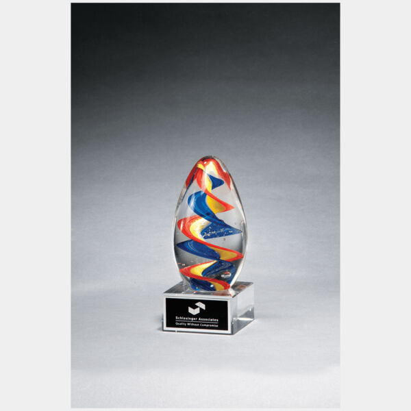 6" Colorful Egg Shaped Art Glass on Glass Base with Laserable Aluminum Plate Thumbnail